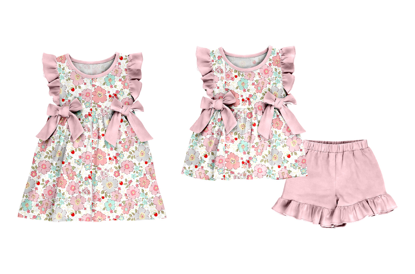 3.16 Custom moq 5 mix size Sibling Baby Girl's Pink Flowers Sleeveless Top And Shorts Set Cute Dress for Summer