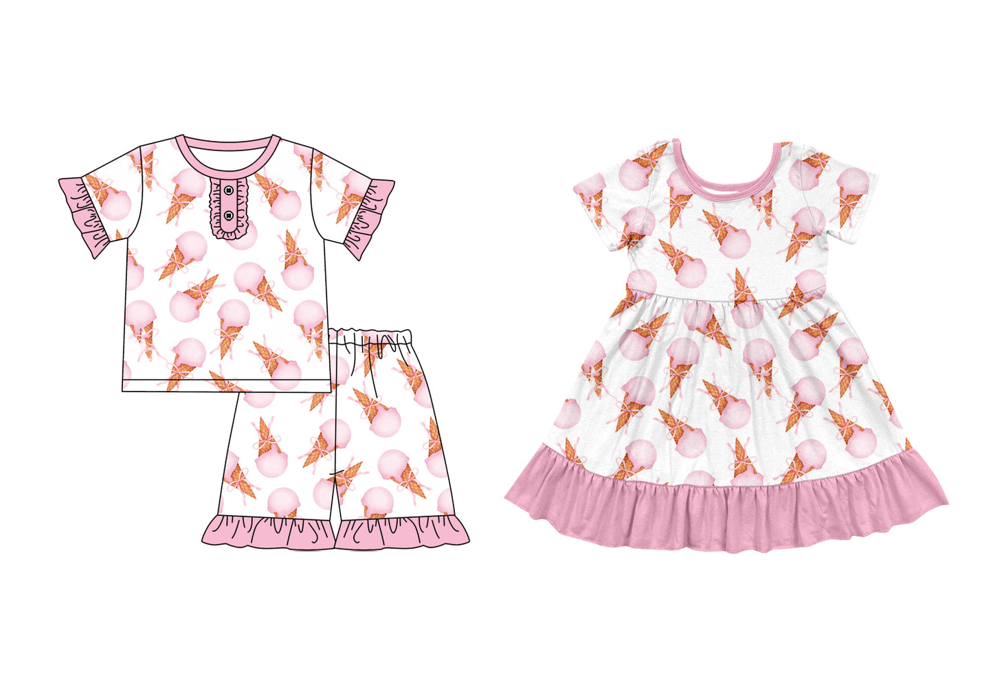 3.31 custom each style moq 5eta 4-6week Sibling Sister ice cream baby girl short sleeve shorts sets and dresses match design