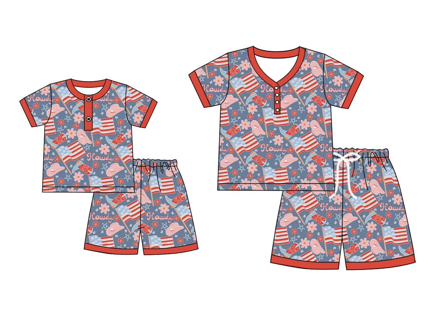 4.23 custom each style moq 5eta 4-6week Sibling Sister flag hat floral short sleeve shorts sets and adult sets match design