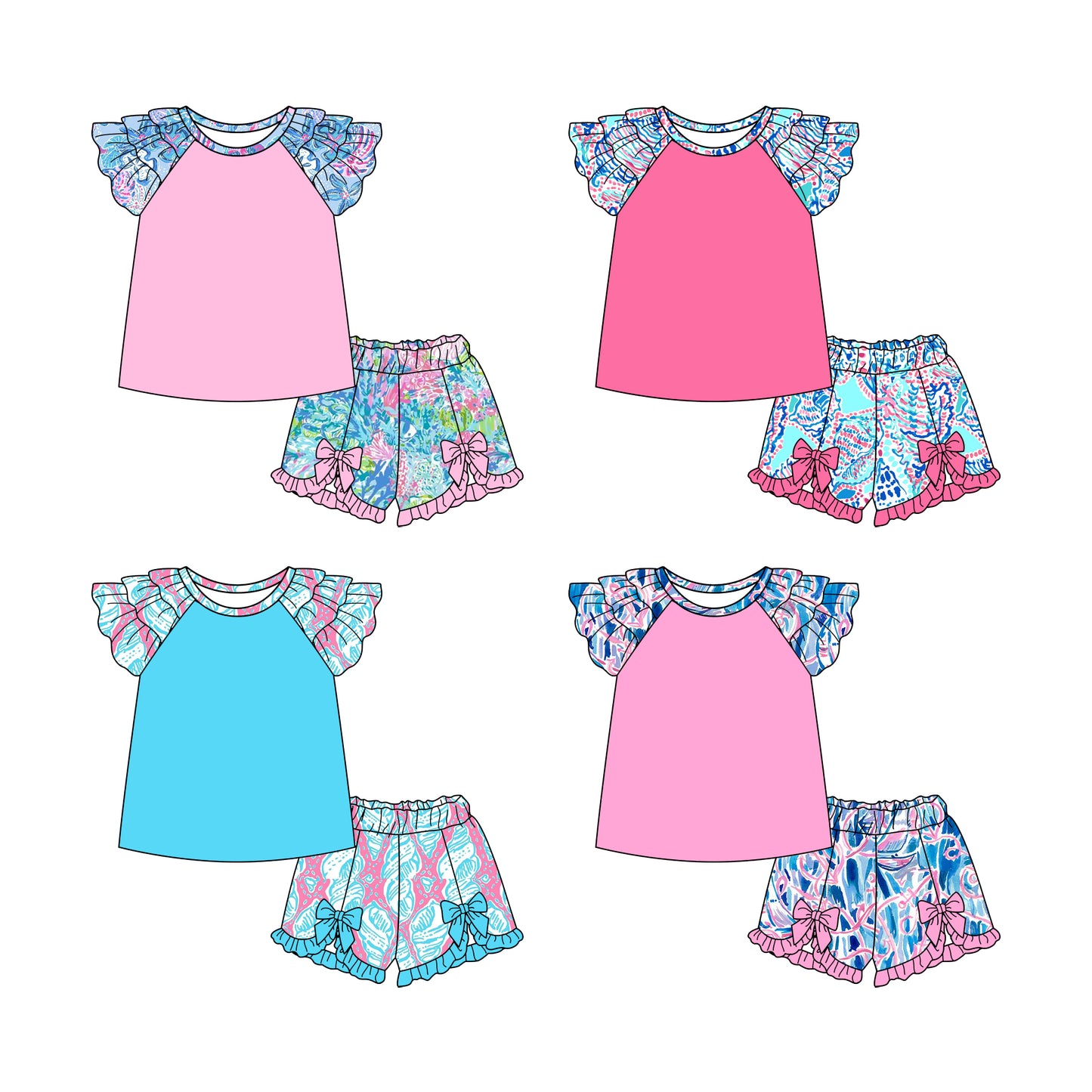 2.12 custom each style moq 5eta 4-6week Sibling Sister baby girls short sleeve shorts sets and set 4 match design