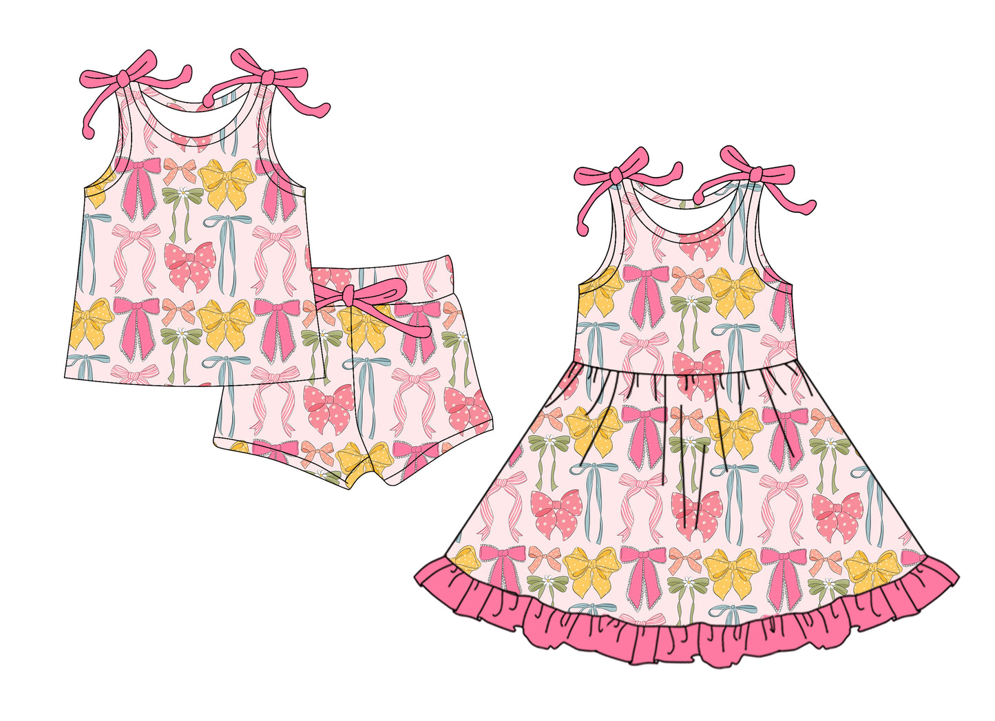 4.4 custom each style moq 5eta 4-6week Sibling Sister bow baby girl short sleeve shorts sets and dresses match design