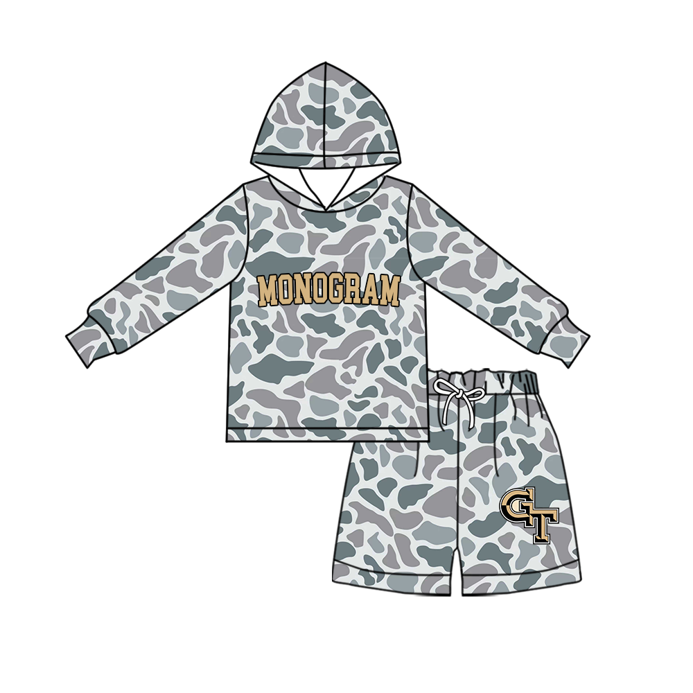 custom moq 5 mix size MSD072705 Baby Kids Grey Camo Long Sleeve Hoodie Top Shorts Team Set