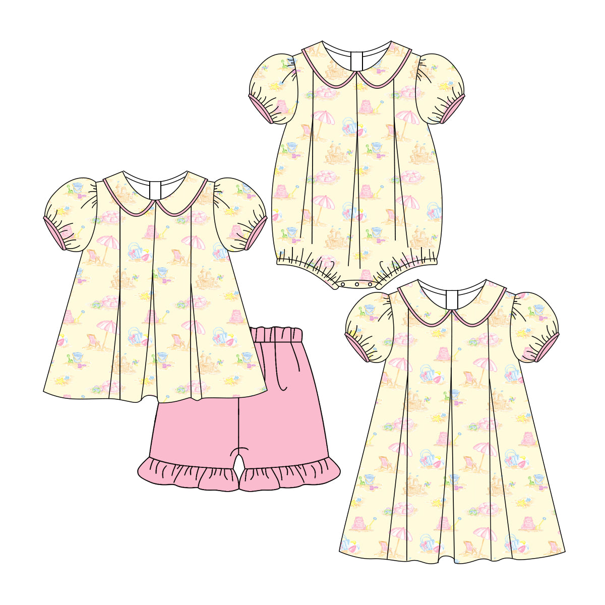 3.6 custom each style moq 5eta 4-6week Sibling Sisters beach baby girl short sleeve shorts sets and dress and rompers match family design
