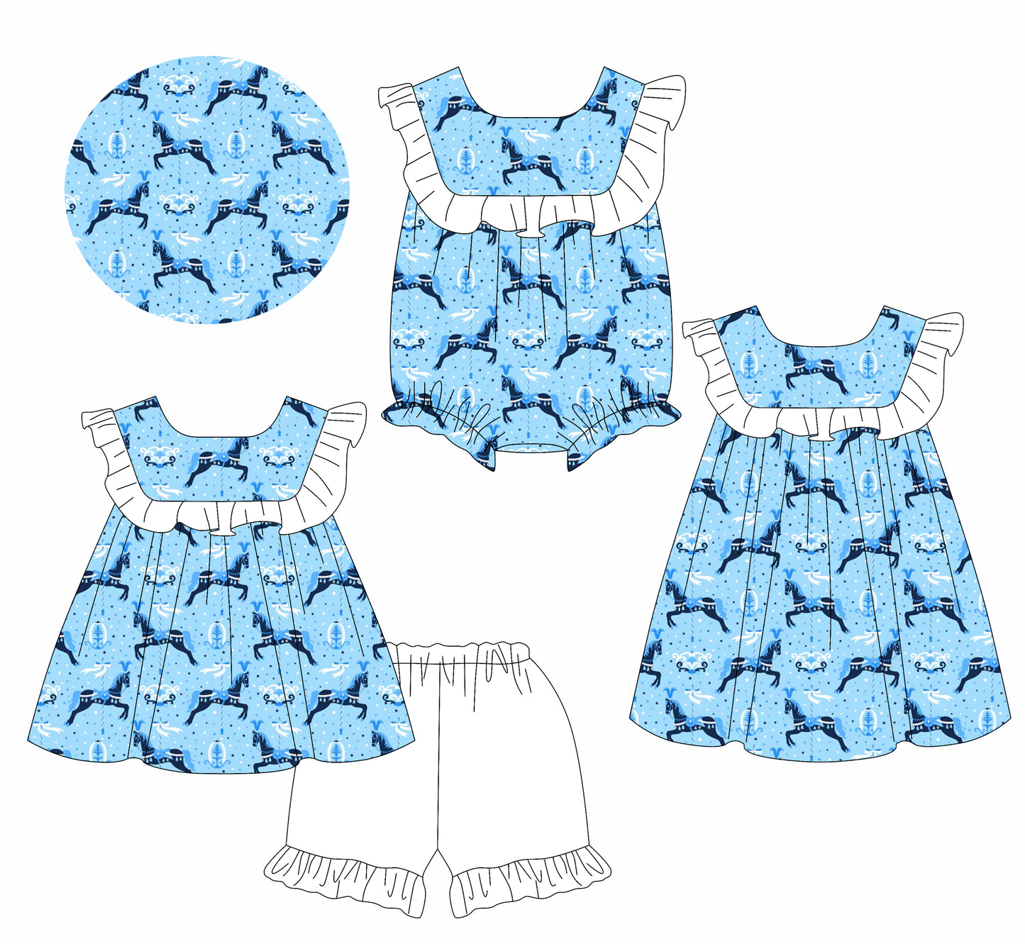 2.21 custom each style moq 5eta 4-6week Sibling Sisters horse baby girl short sleeve shorts sets and dress and rompers match family design