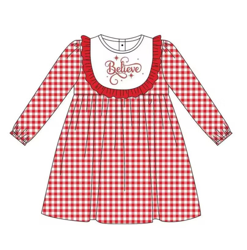 5.18custom each style moq 5eta 4-5week Sibling Sister believe print red plaid girls dress and baby romper match family design