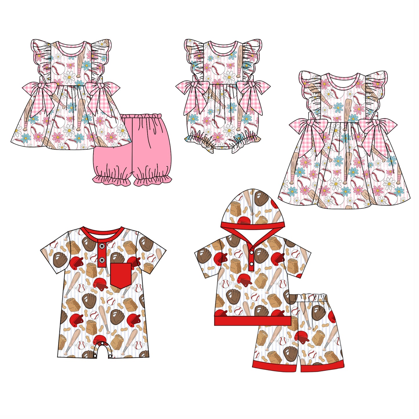 11.29 custom each style moq 5eta 4-6week Sibling Sister baseball baby girl short sleeve shorts sets and sets 2 and girls romper and boy romper and dress match design
