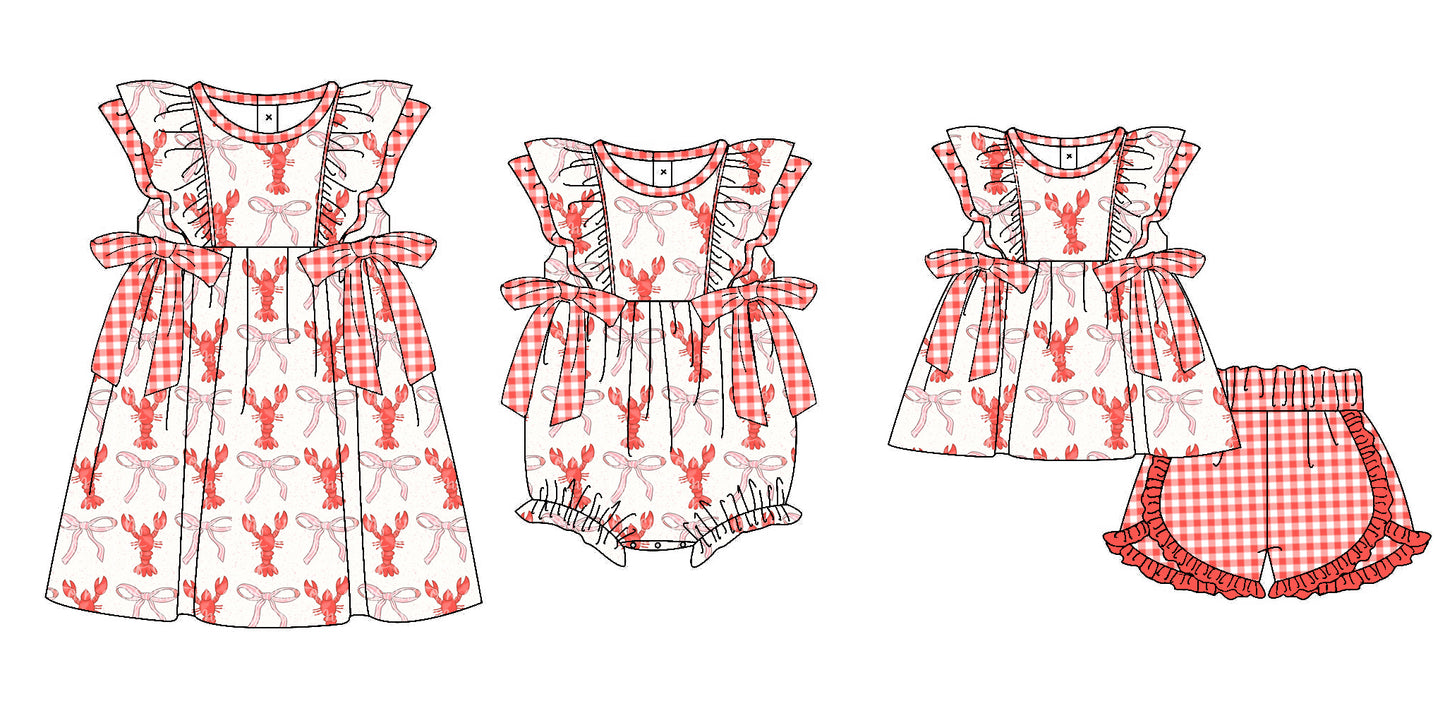 11.9 custom each style moq 5eta 4-6week Sibling Sister crayfish bow baby girl short sleeve shorts sets and dress and rompers match family design