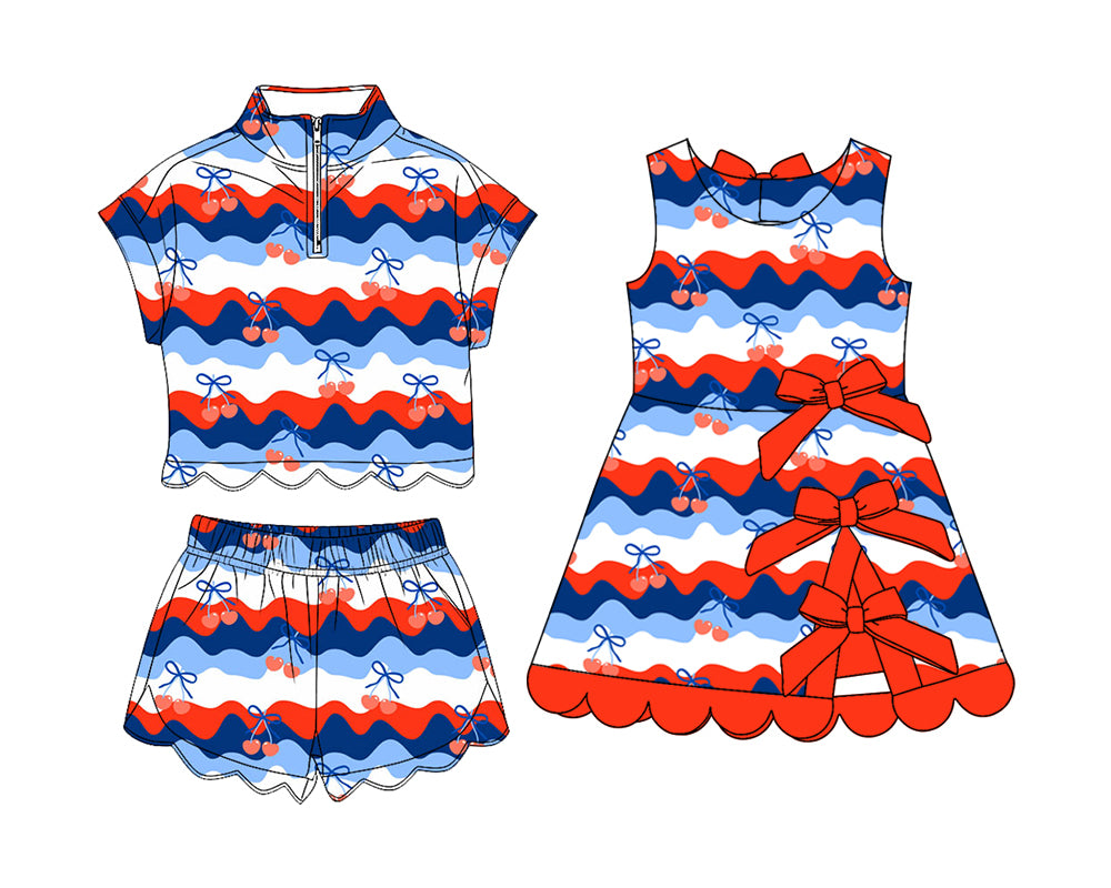 3.18 Custom moq 5 mix size Sibling Baby Girls Bows Zipper Top Short Scallop Sets Yoga Active Scallop Short Knee Length Dress