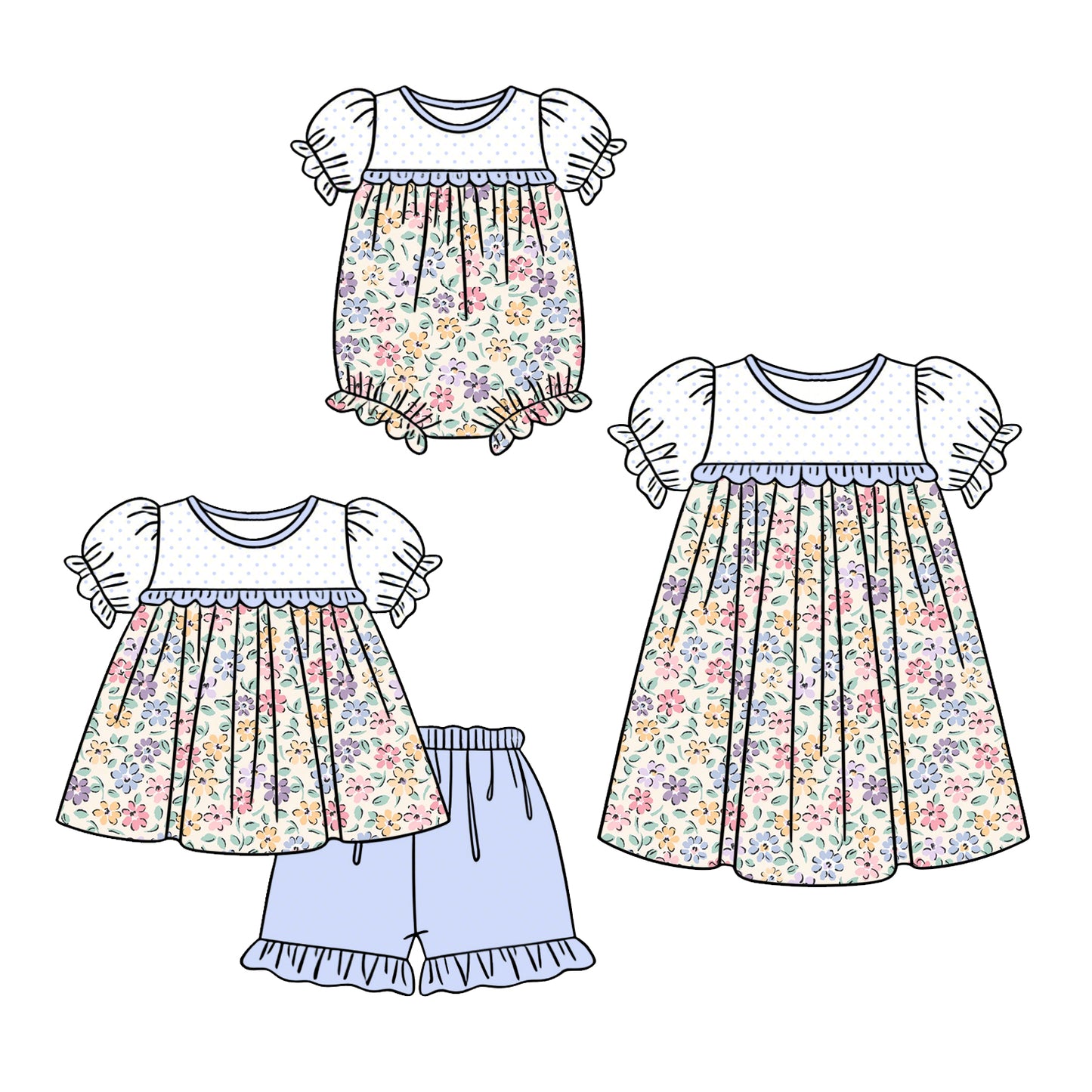 3.5 Custom moq 5 mix size Sibling Baby Girl's Flowers Short Sleeves Top And Blue Shorts Set Cute Romper Dress for Summer