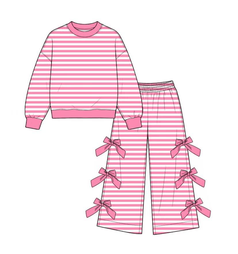 custom moq 5 mix size Toddler Girls Pink Stripe Long Sleeve Top And Bow Wide Leg Pants Outfit Set