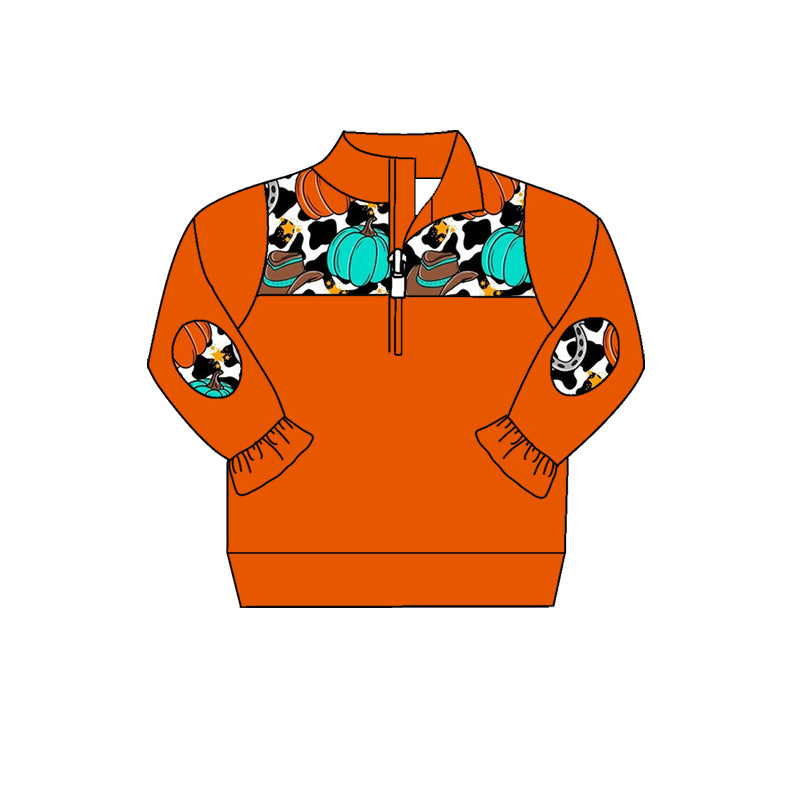 7.29 custom each style moq 5 eta 4-6week baby girls clothes pumpkin cow pattern orange long sleeve top