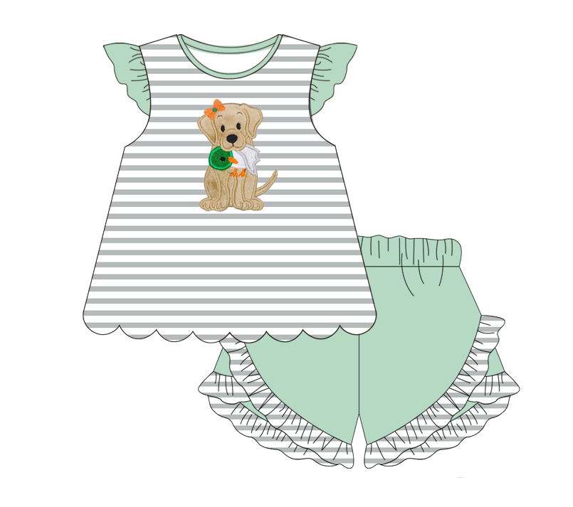 5.16custom each style moq 5eta 4-5week Sibling Sister dog print gray strips green girls and boys outfits and baby romper and dress match family design