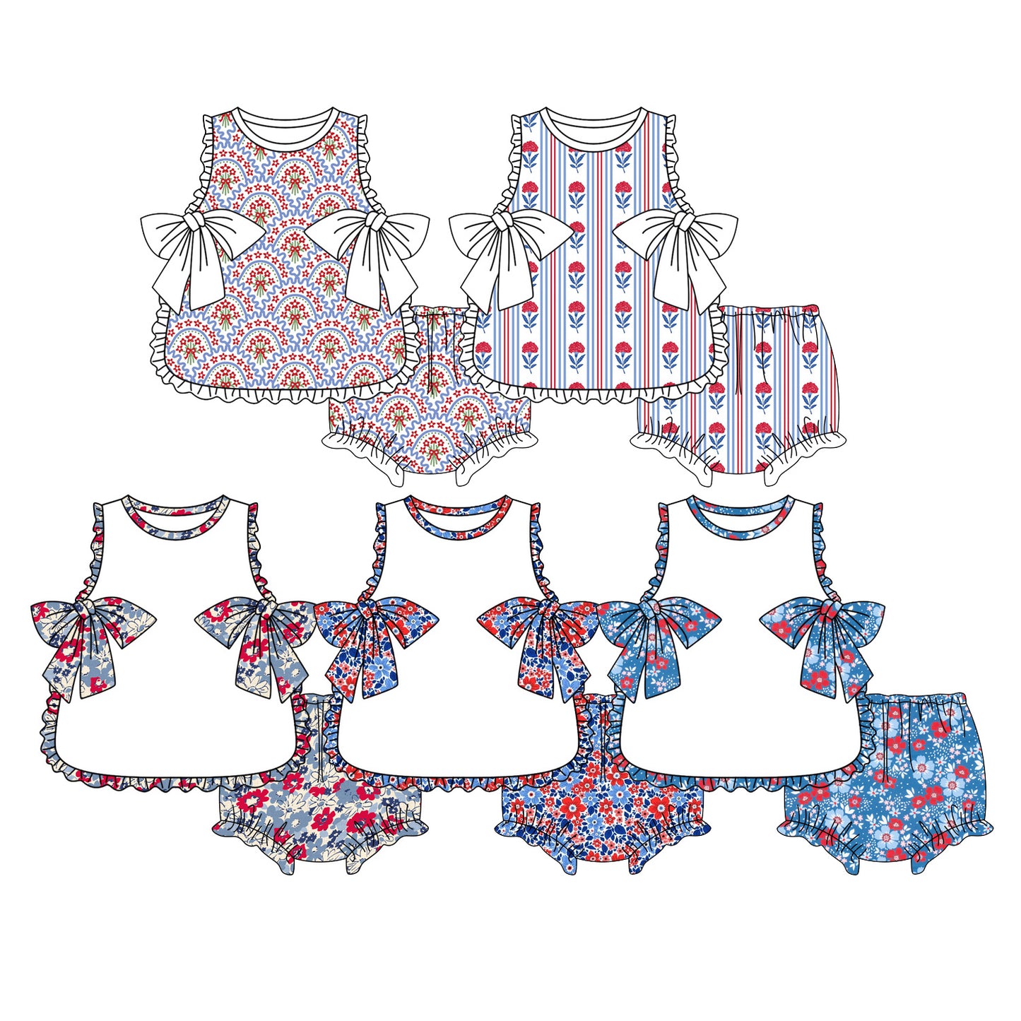 3.27 Custom moq 5 mix size Sibling Baby Girl's Colorful Flowers Sleeveless Top Bummie Clothes Sets