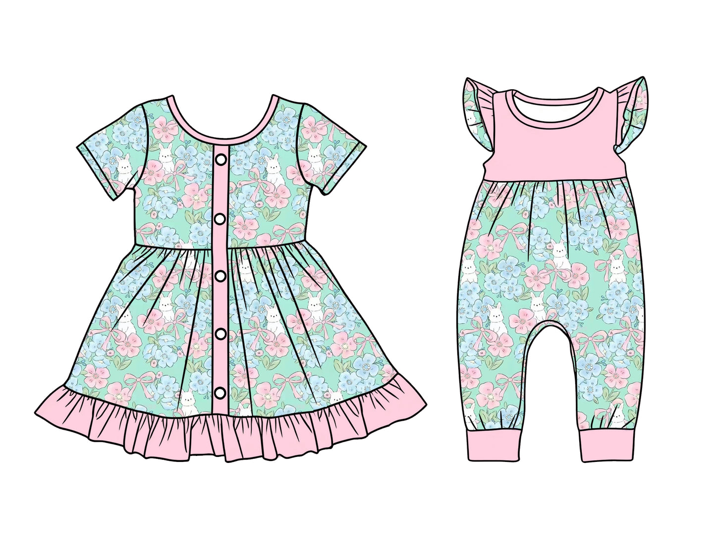 25.12.17 custom each style moq 5 eta 6-8week Sibling Sister bunny bow floral baby short sleeve romper and dress match design