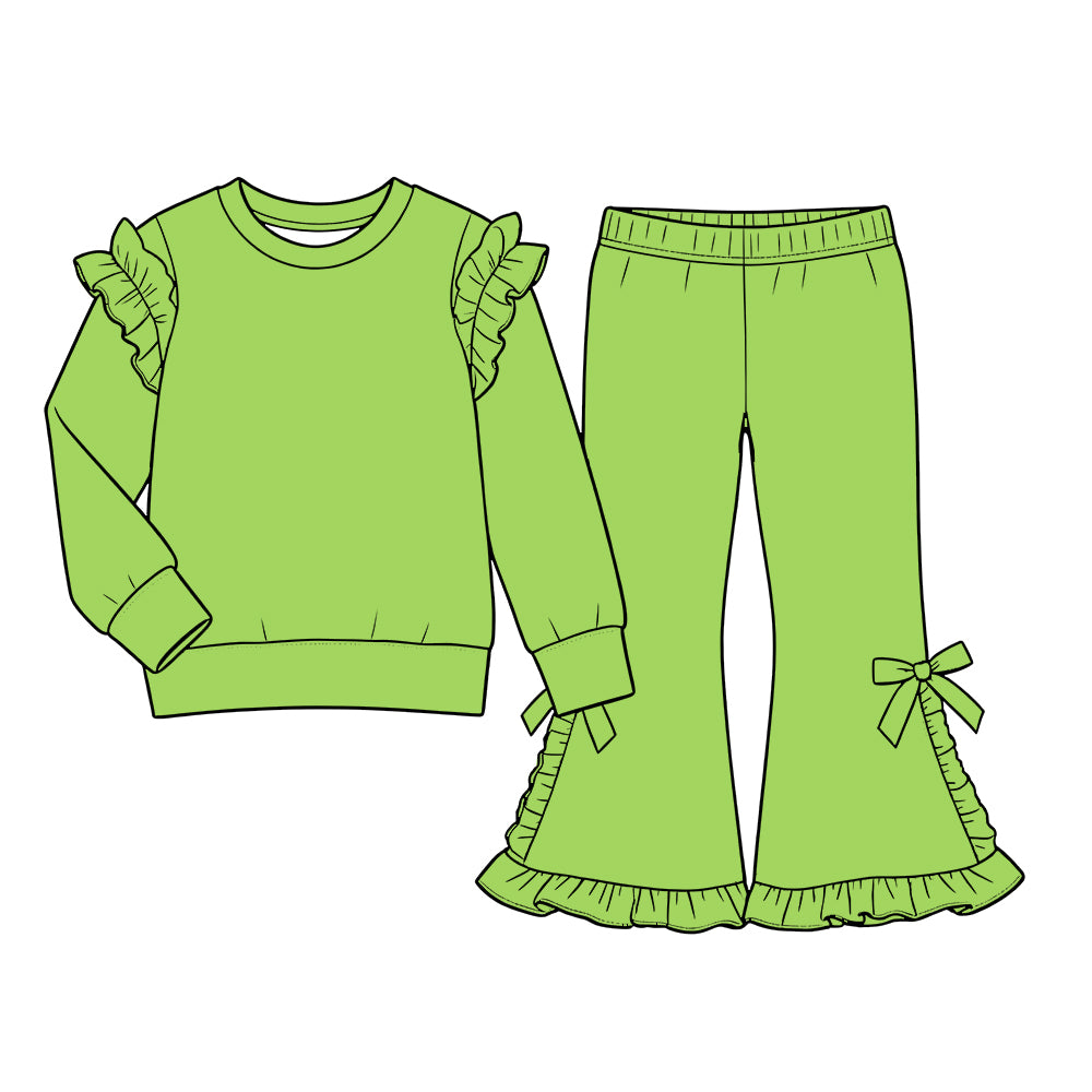 Custom moq 5 cotton fabric girls ruffle sets solid color blank Apple-green long-sleeved sweatshirt with lace trim and flared pants with side bows – matching set