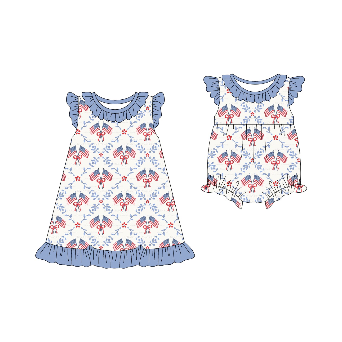 25.12.12 custom each style moq 5 eta 6-8week Sibling Sister flag bow baby short sleeve romper and dress match design