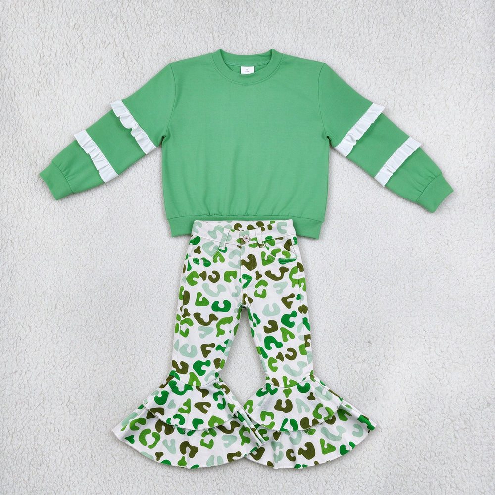 NEW RTS NO MOQ Denim GT1858+ P0395 Baby Girls Green White Ruffle Sleeve Top Green Leopard Denim Pants Jeans Set