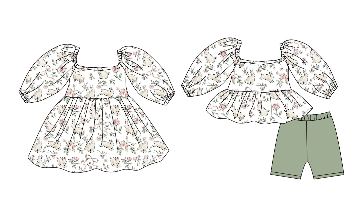 25.12.8 custom each style moq 5 eta 6-8week Sibling Sister bunny floral baby short sleeve shorts sets and dress match design