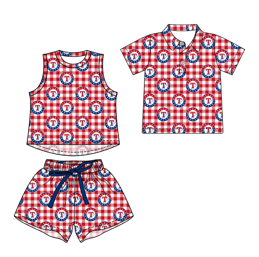 Custom moq 5 mix size milk silk summer teams Red Checked Girls Sleeveless Top And Short Sets Boys Short Sleeve Button Polo Shirt Top