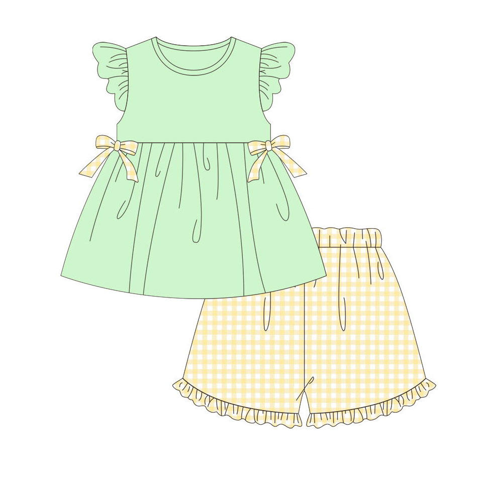 5.16custom each style moq 5eta 4-5week Sibling Sister green and white dots yellow girls and boys outfits and baby romper and dress match family design