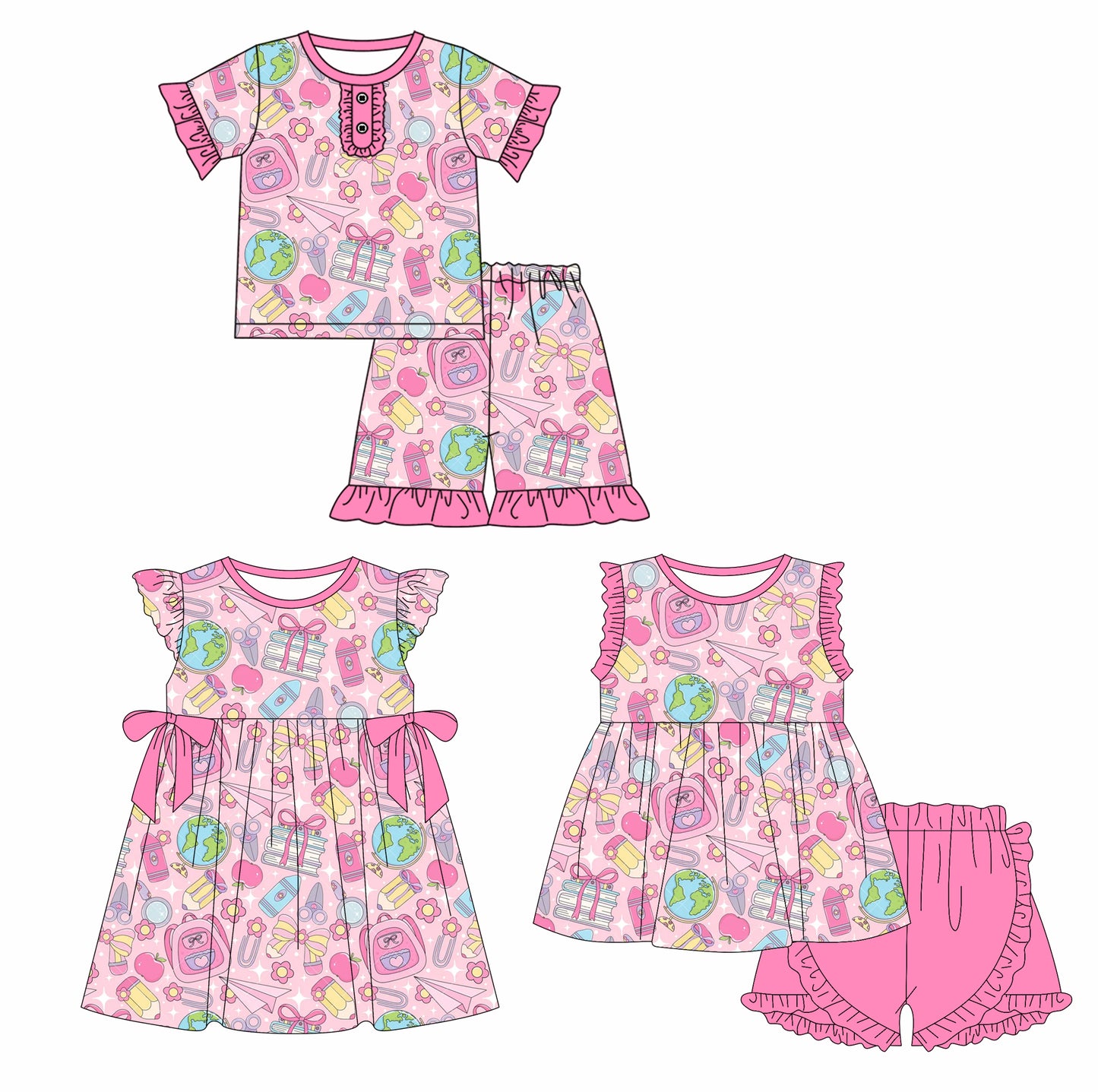 Custom moq 5 mix size Pink Floral Print Baby Girl Short-Sleeved Shorts Set Dress Back-to-School Outfit Cute Children's Clothing