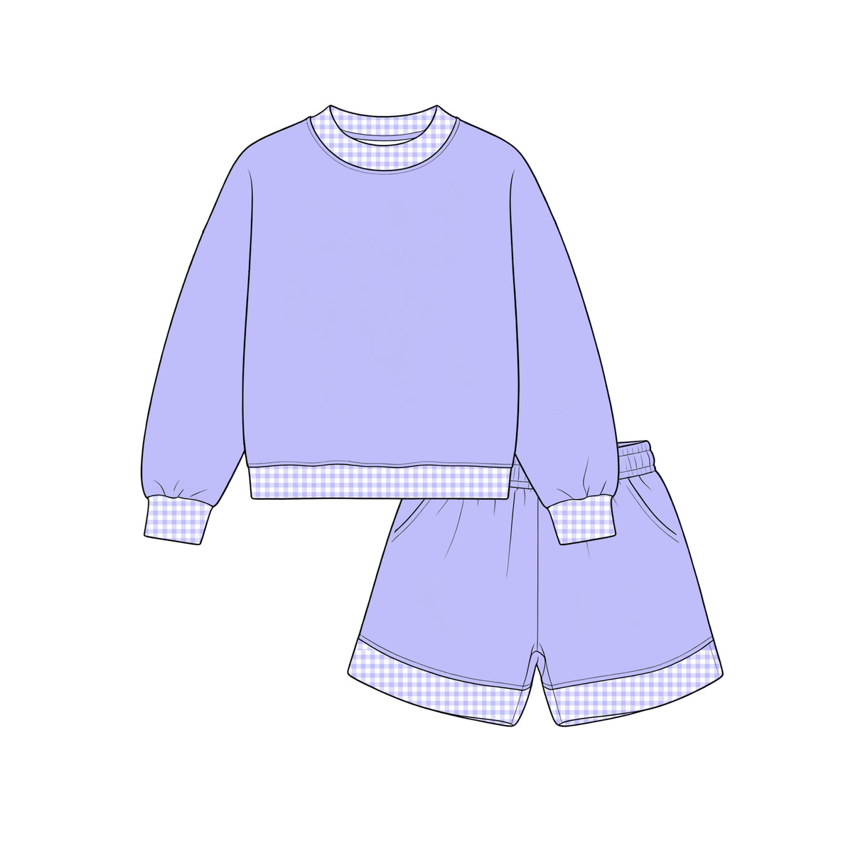 Custom moq 5 girls Blank Cotton Fabric Sweatshirt Shorts Set Light blue sweatshirt and shorts set