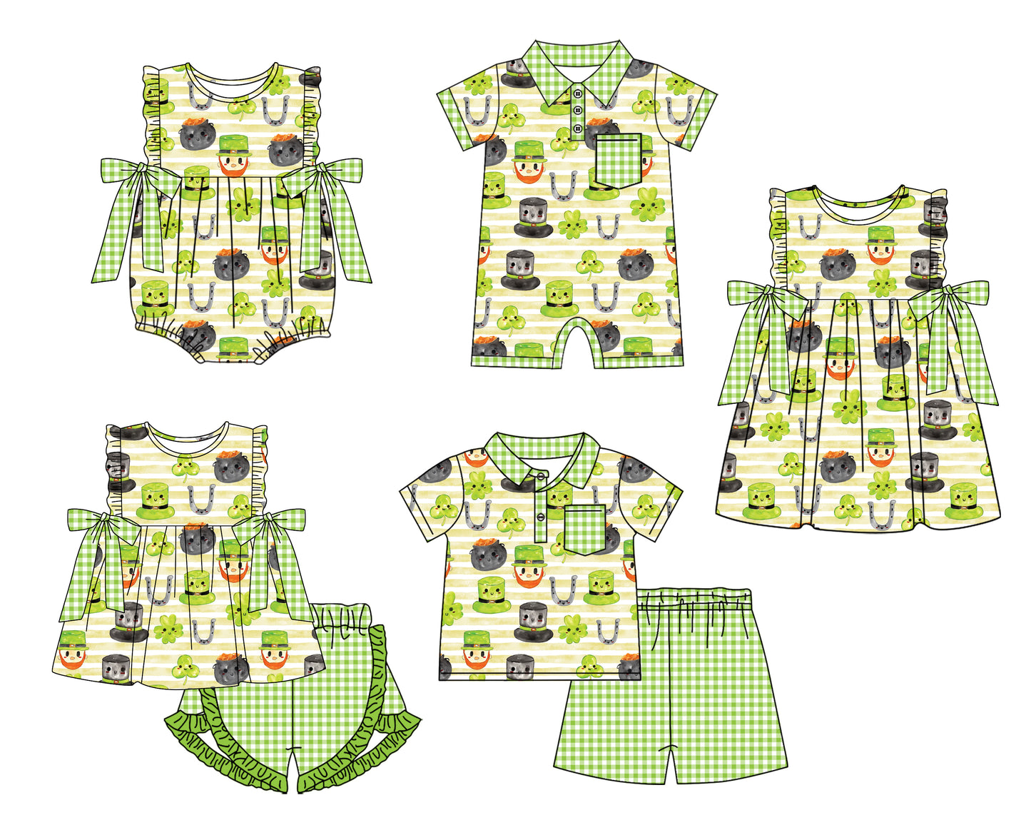 11.22 custom each style moq 5eta 4-6week Sibling Sister Four Leaf Clover baby girl short sleeve shorts sets and sets 2 and girls romper and boy romper and dress match design