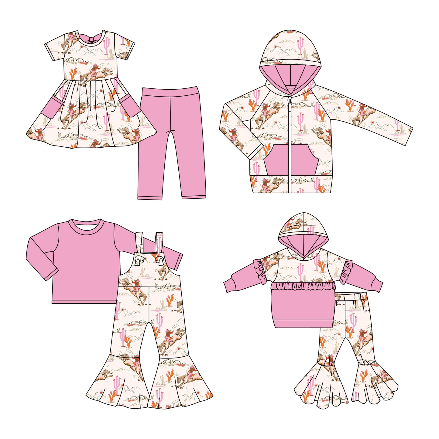 25.11.7 custom each style moq 5 eta 6-8week Sibling Sisters riding horse pink baby girl hooded long sleeve pants sets and top and and short pants sets and jumpsuit set match family design