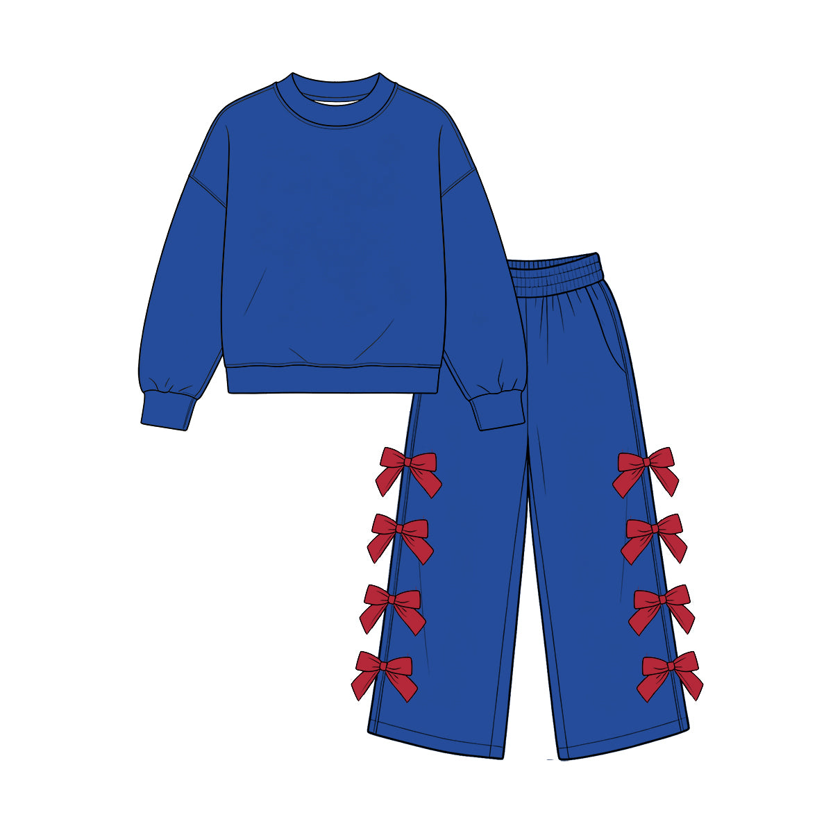 custom moq 5 mix size Baby Girls Royal Blue Long Sleeve Top And Red Bow Wide Leg Pants Fall Casual Outfit