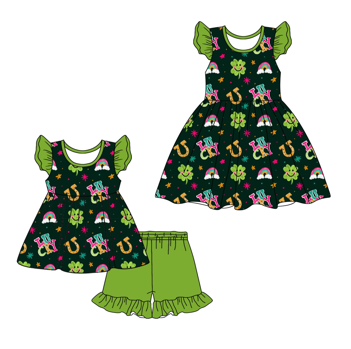 12.18 custom each style moq 5eta 4-6week Sibling Sister LUCKY baby girl short sleeve shorts sets and dresses match design