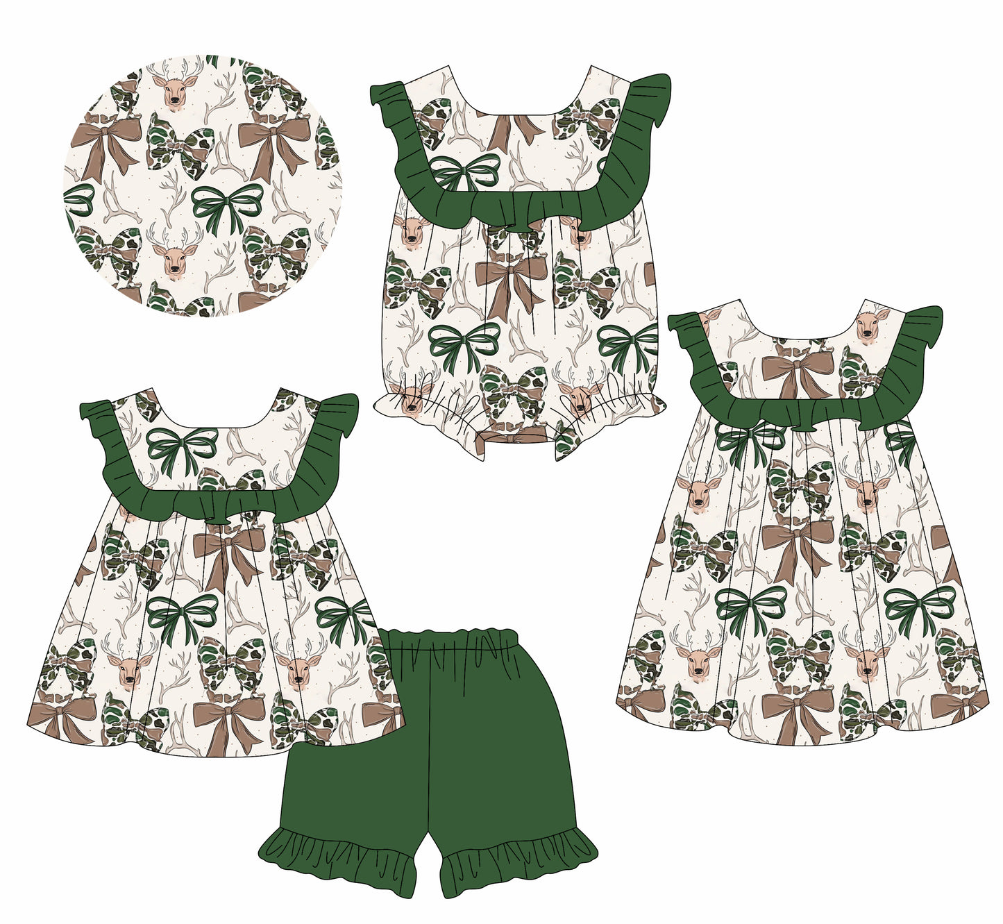 2.24 custom each style moq 5eta 4-6week Sibling Sisters camouflage bow baby girl short sleeve shorts sets and dress and rompers match family design