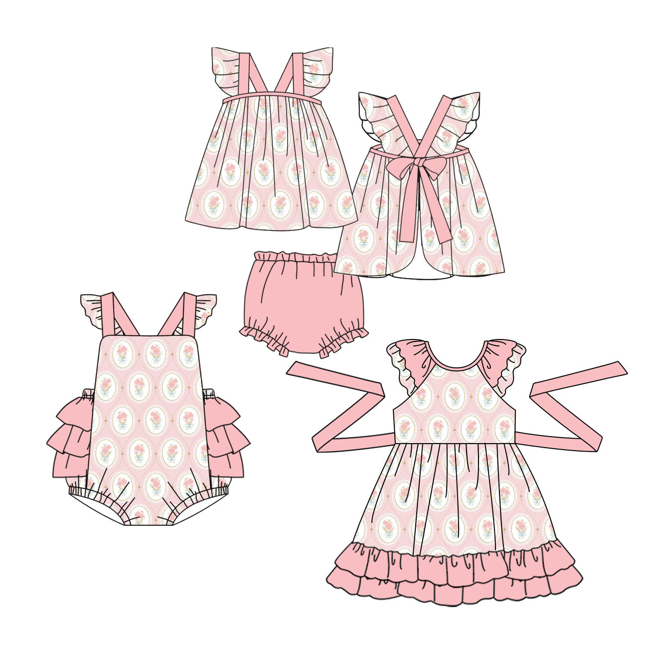 3.30 Custom moq 5 mix size Sibling Baby Girl's Flowers Pink Flutter Sleeve Top Bummie sets Cute Romper Dress for Summer