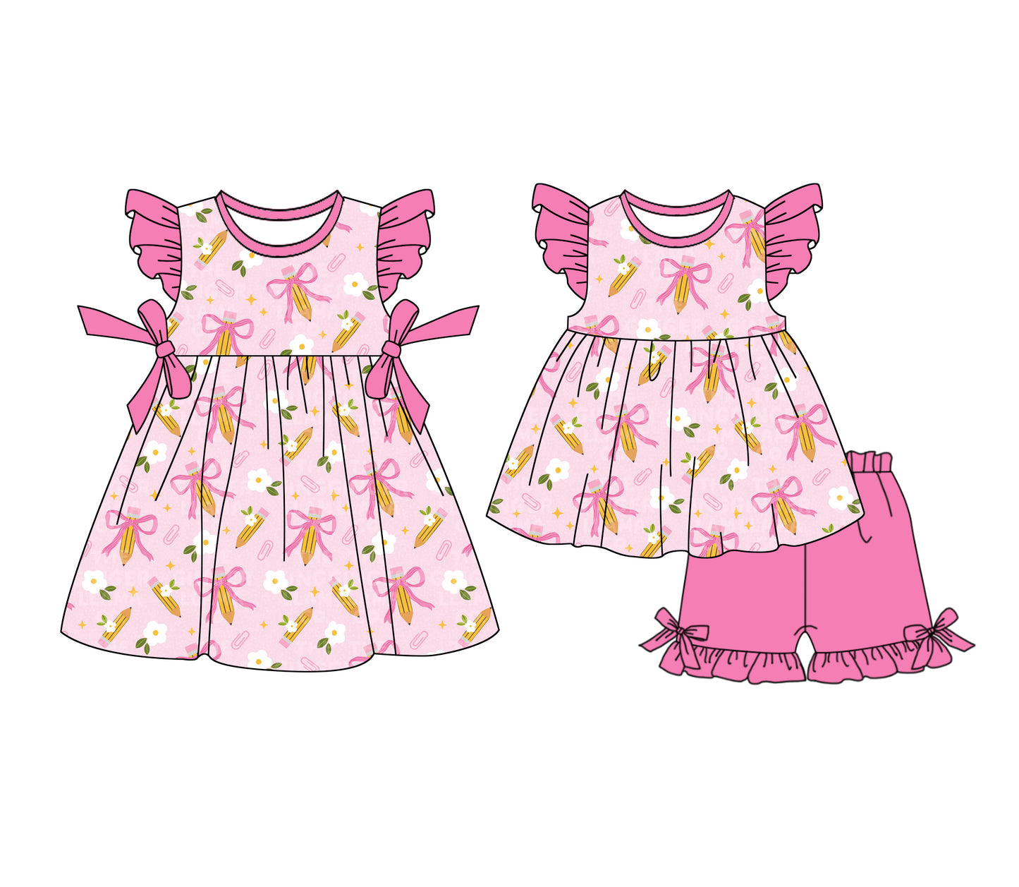 25.12.18 custom each style moq 5 eta 6-8week Sibling Sister pencil bow baby short sleeve shorts sets and dress match design
