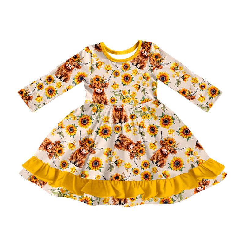 8.3 custom each style moq 5eta 4-6week baby girls clothes alpine floral sunflower yellow long sleeve dress