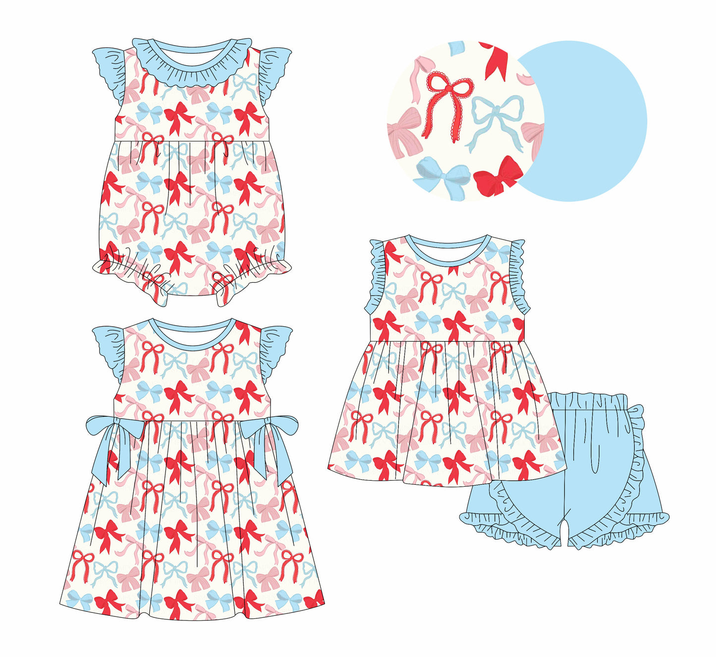 25.12.29 custom each style moq 5 eta 6-8week Sibling Sister bow baby short sleeve shorts sets and romper and dress match design