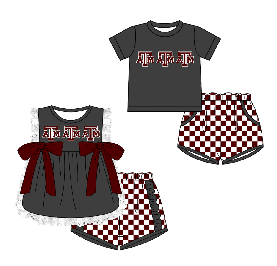 Custom moq 5 mix size milk silk summer teams Gray Girl Sleeveless Top And Plaid Shorts Set with Bow Boy Short Sleeved Top And Plaid Shorts Set