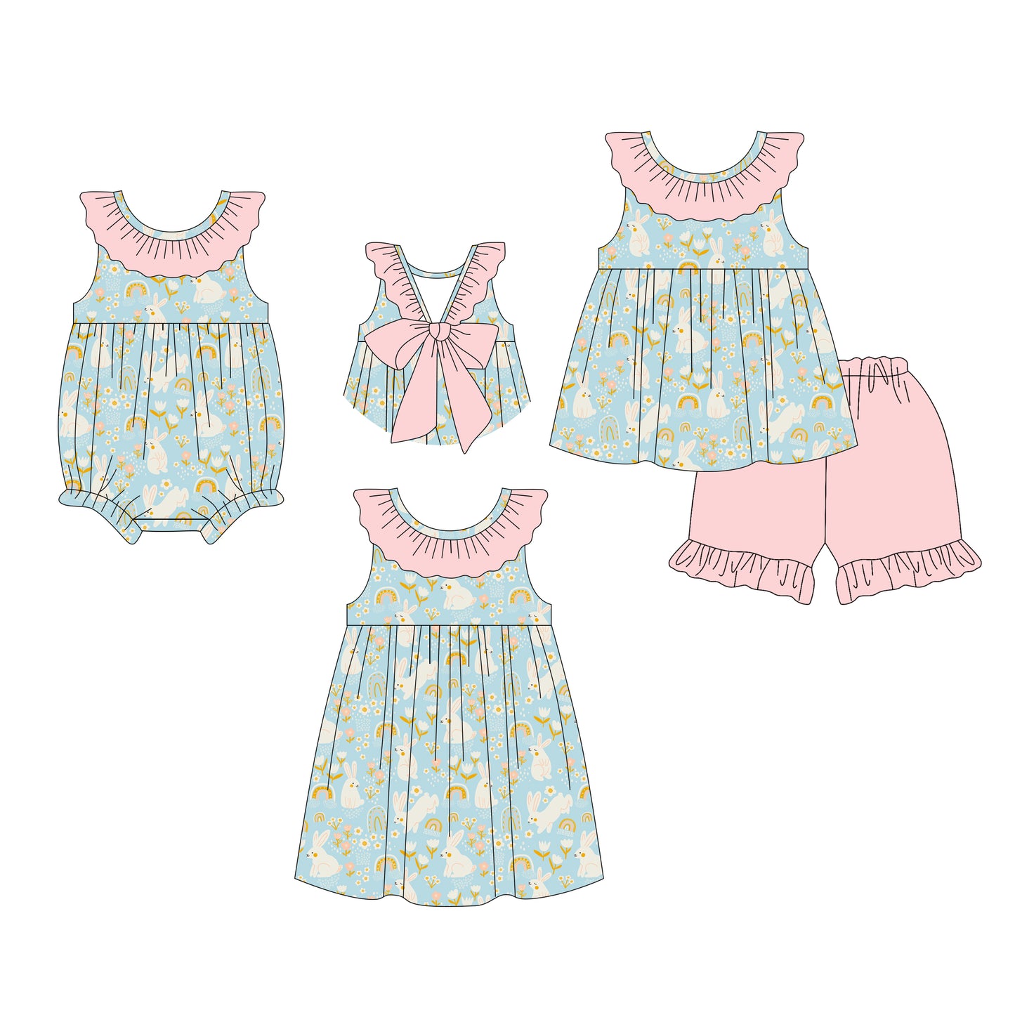 26.1.5 custom each style moq 5 eta 6-8week Sibling Sister easter baby short sleeve shorts sets and romper and dress match design