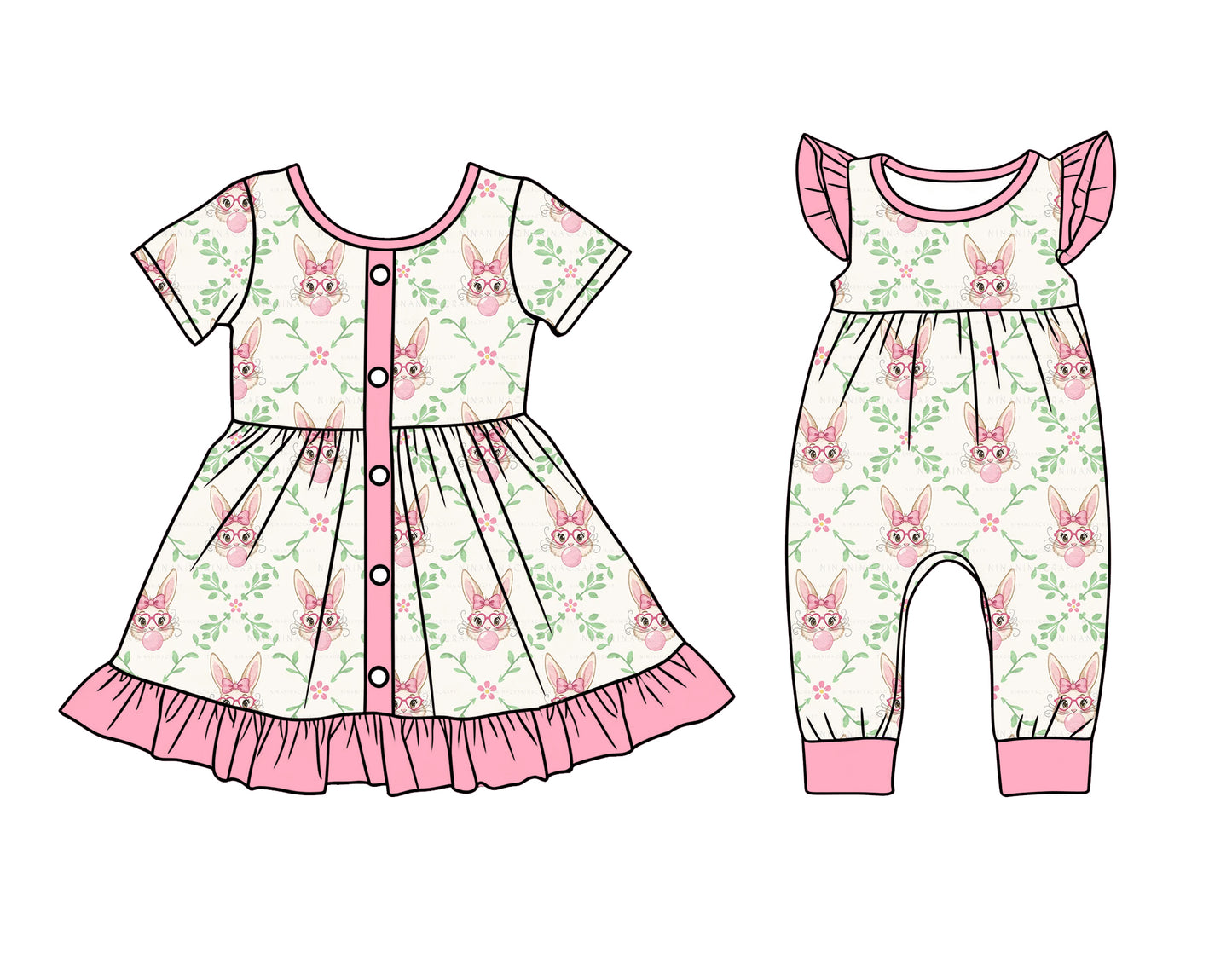 25.12.10 custom each style moq 5 eta 6-8week Sibling Sister bunny bow baby short sleeve romper and dress match design
