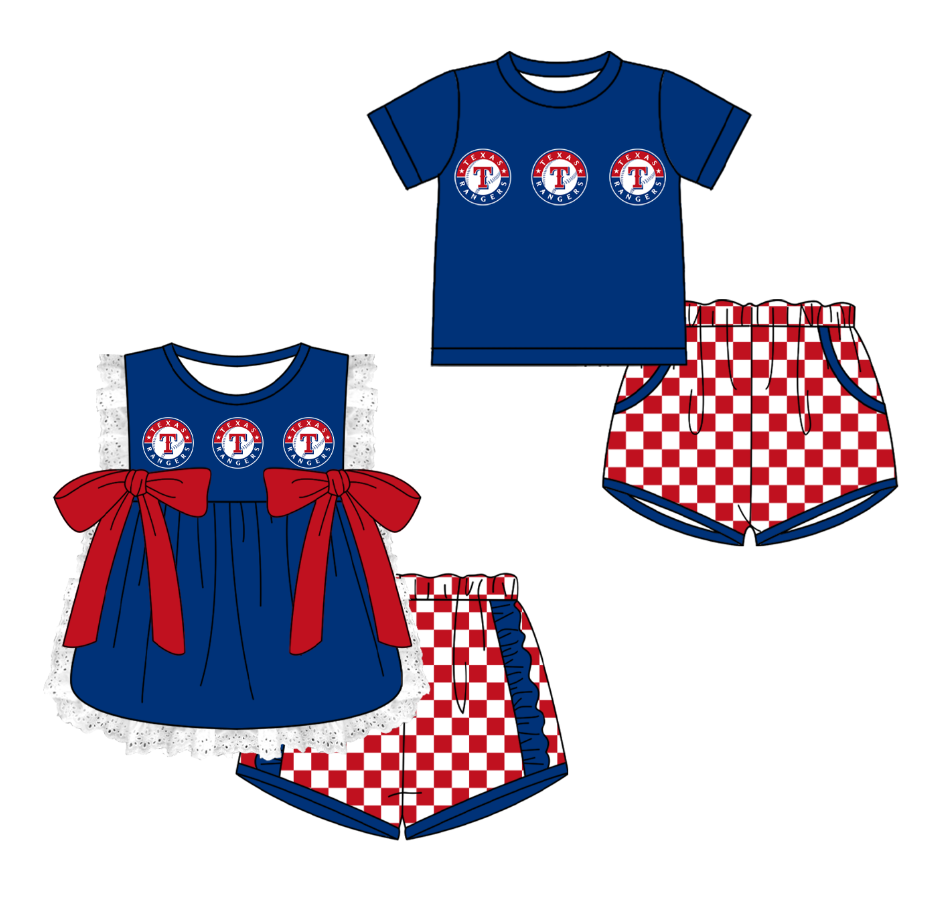 Custom moq 5 mix size milk silk summer teams Navy Blue Girl Sleeveless Top And Plaid Shorts Set with Bow Boy Short Sleeved Top And Plaid Shorts Set