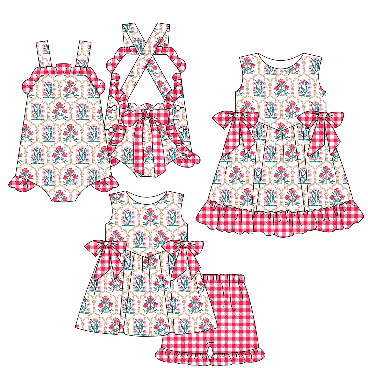 2.18 custom each style moq 5eta 4-6week Sibling Sisters floral baby girl short sleeve shorts sets and dress and rompers match family design