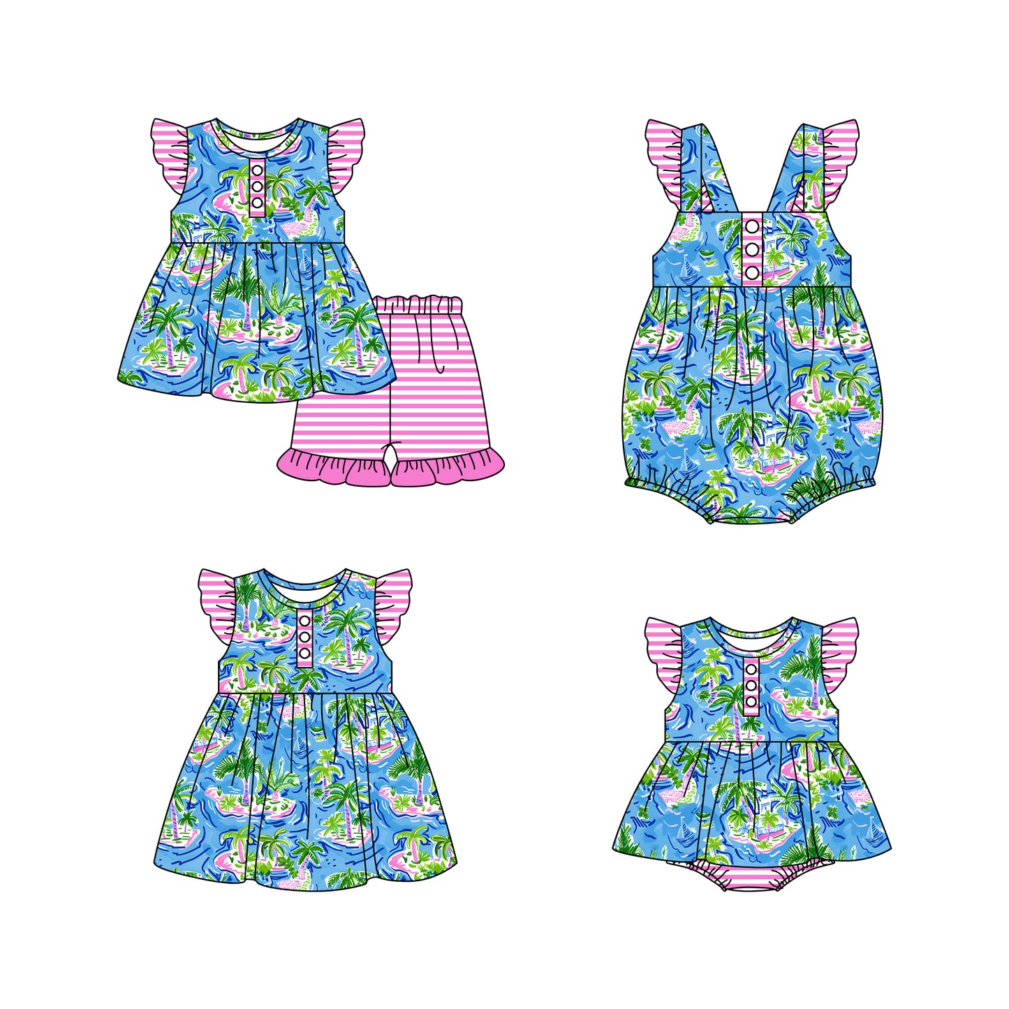 11.18 custom each style moq 5eta 4-6week Sibling Sister pattern baby girl short sleeve shorts sets and girls romper and boy romper and dress match design