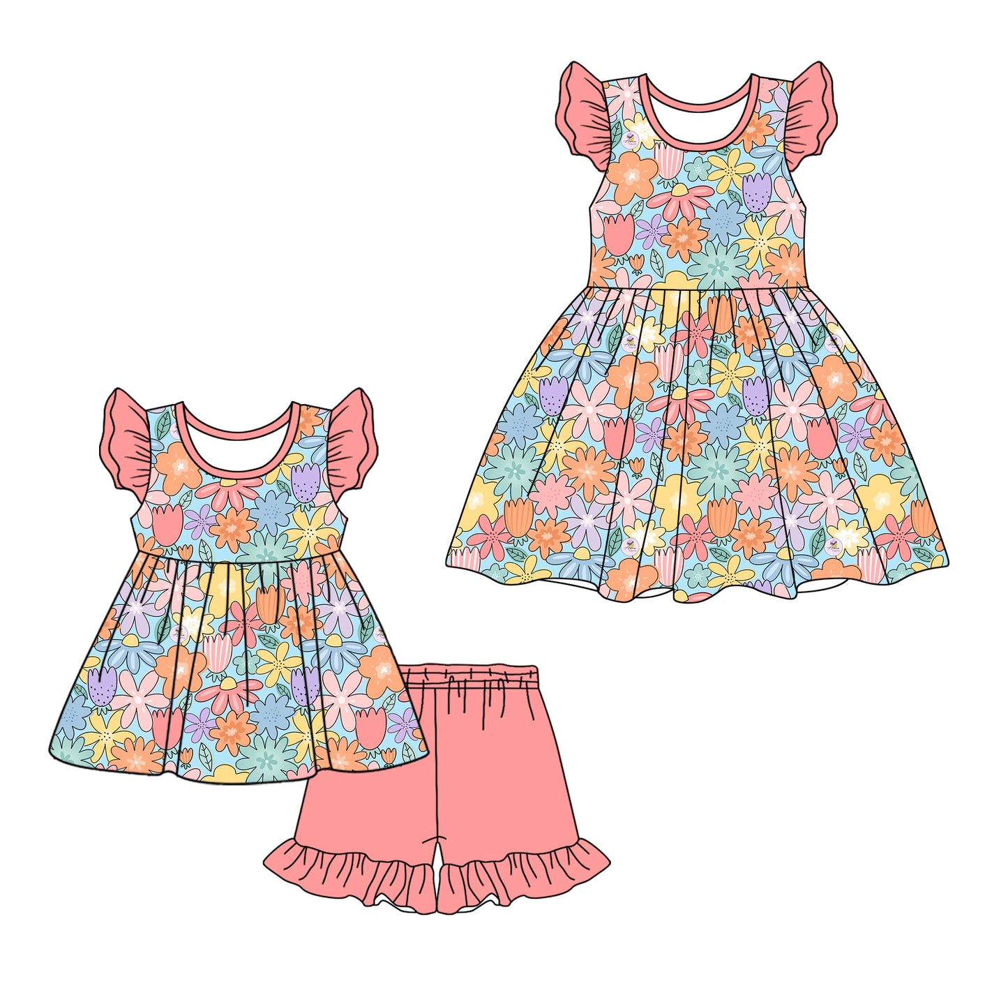 12.11 custom each style moq 5eta 4-6week Sibling Sister floral baby girl short sleeve shorts sets and dresses match design