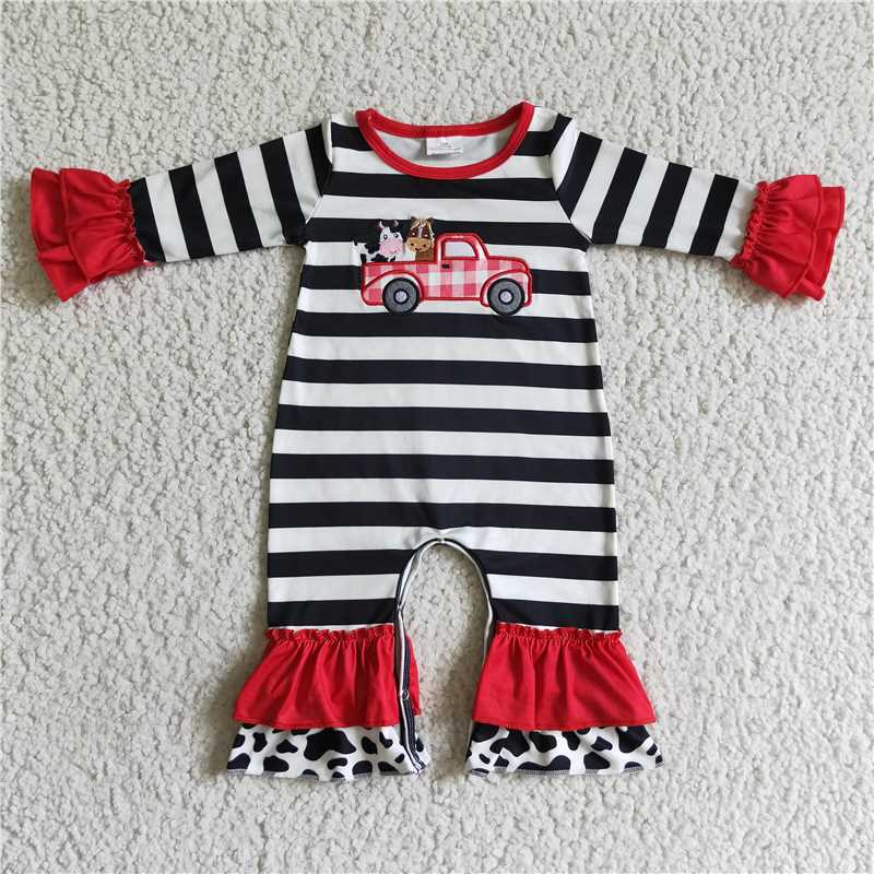 RTS NO MOQ(In Stock) LR0015 Baby Girl clothes long sleeve bodysuit with embroidered cow tractor