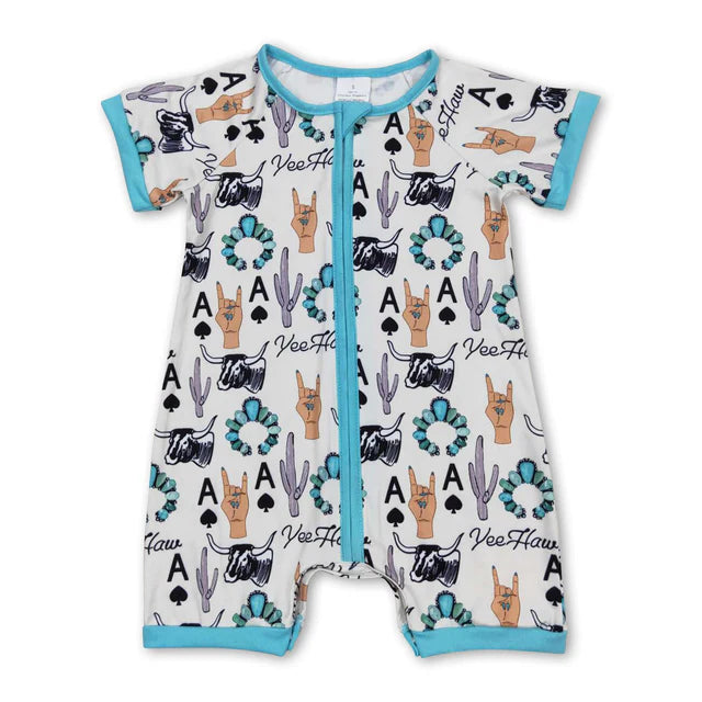 RTS NO MOQ Sibling Baby Boys Western Horse Short Sleeve Zip Rompers