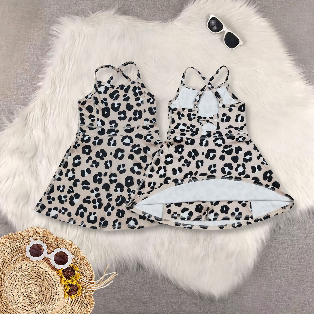 RTS NO MOQSibling baby girl clothes Brown leopard print beige vest skirt yoga suit and dress