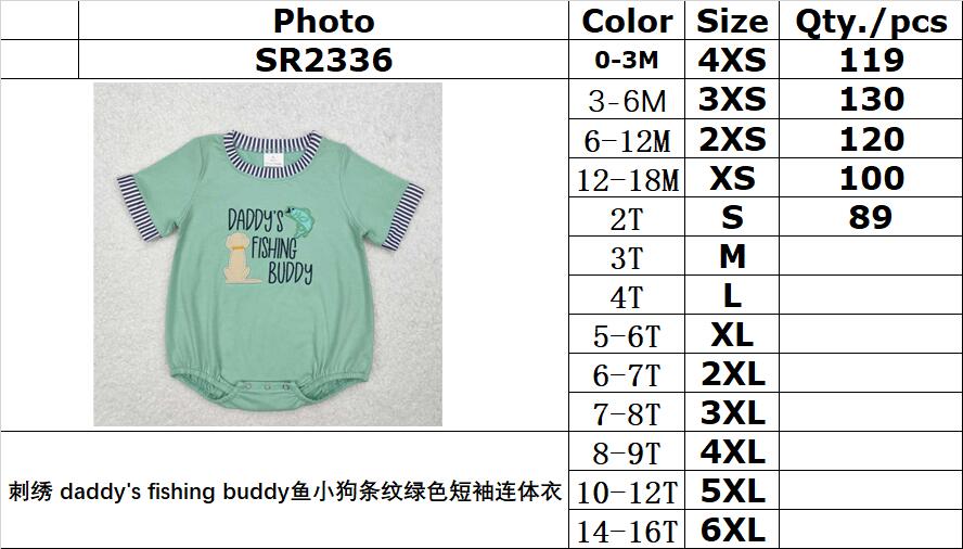 RTS NO MOQ ETA 5/7days arrived SR2336 Embroidered daddy's fishing buddy fish puppy stripe green short sleeve onesie