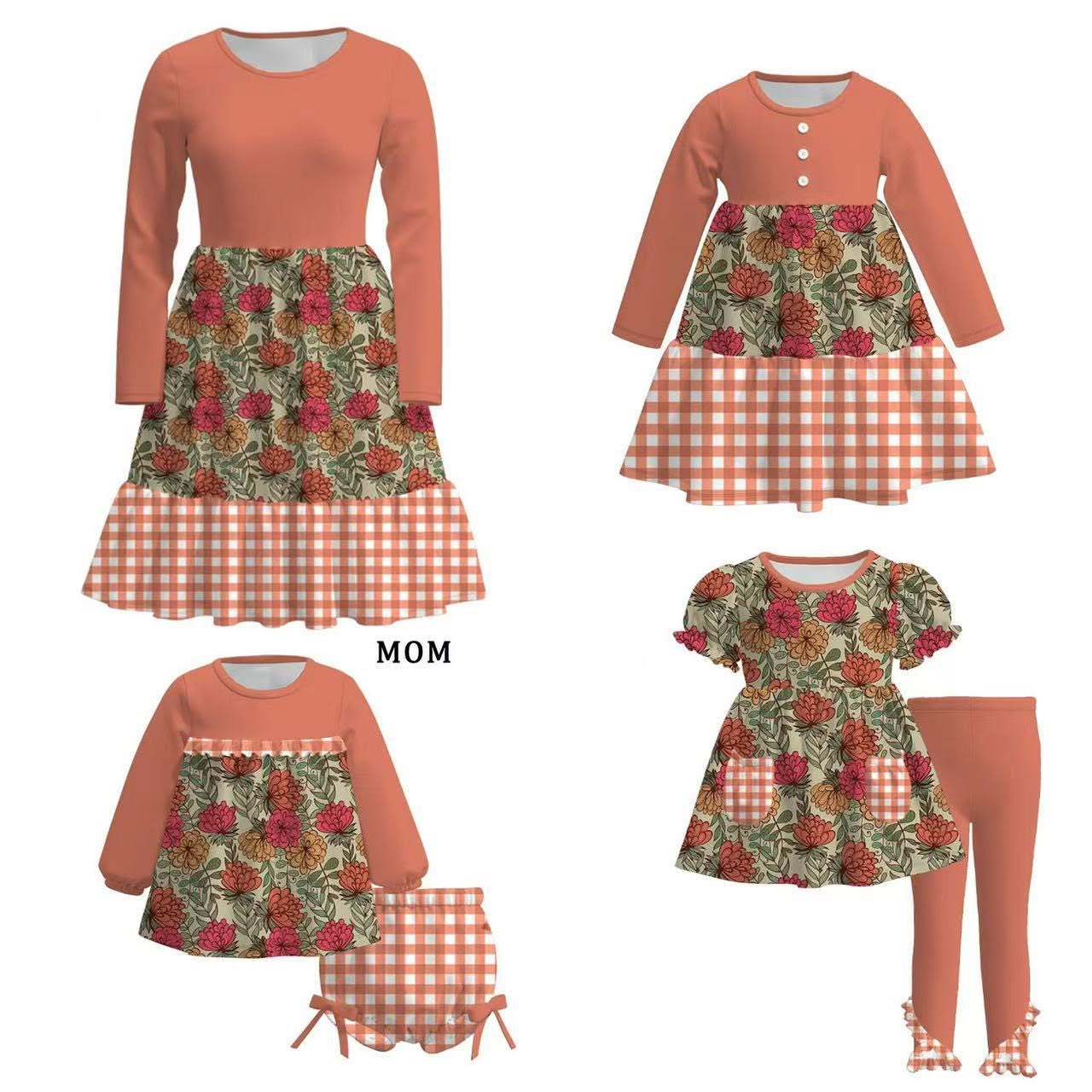 Custom moq 5 each style eta 6-7weeks baby girl short sleeve pants set and brief sets and dress and adult dress