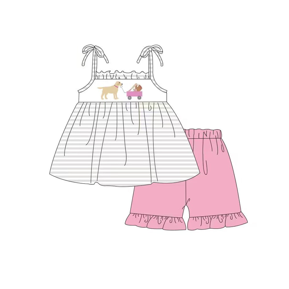 5.11custom each style moq 5eta 4-5week Sibling Sister puppy stroller prints blue-pink girls and boys outfits and baby romper match family design