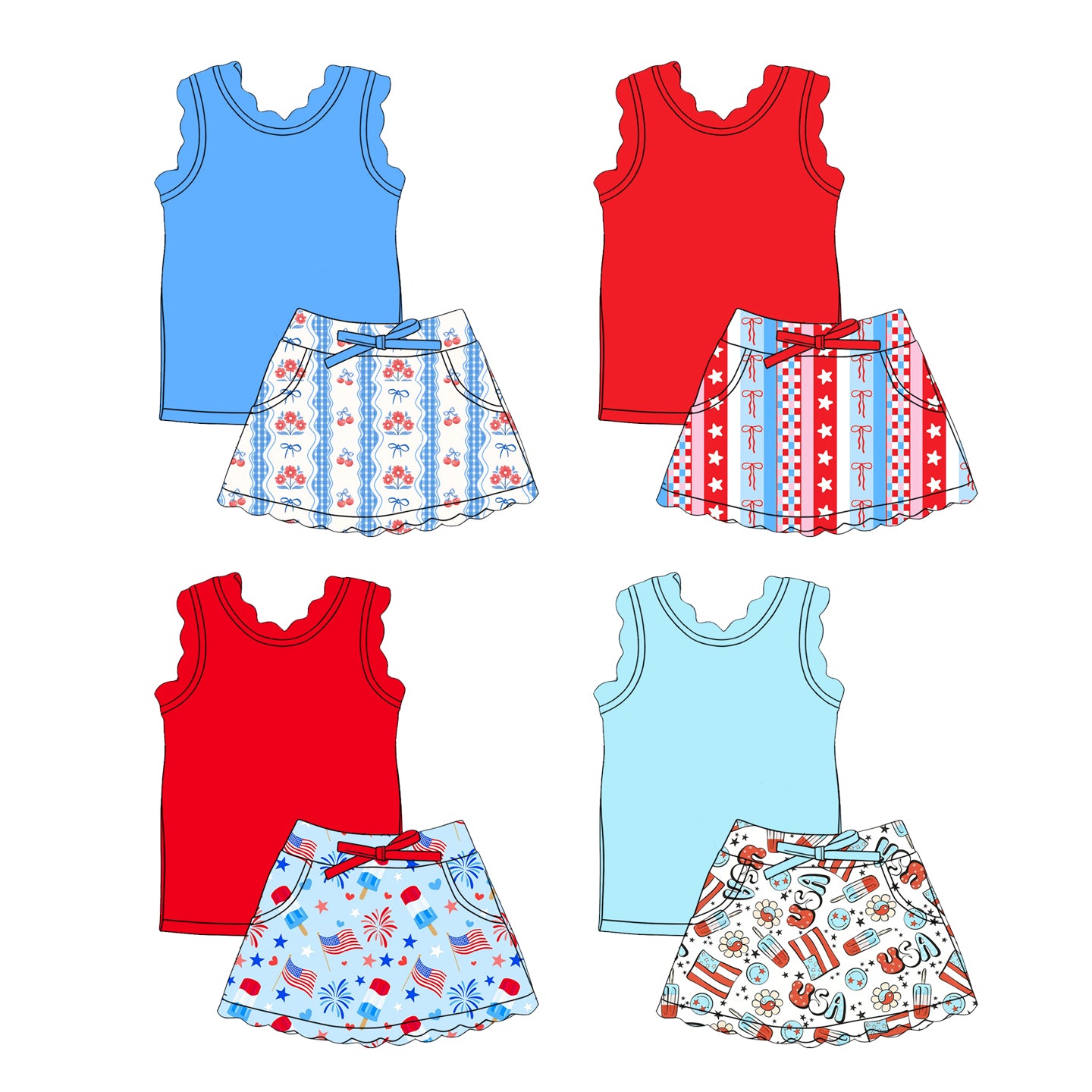 Custom moq 5 mix size Sibling Baby Girls Sleeveless Top And Skirt Yoga 4th of July Outfit Two-Piece Set for Kids