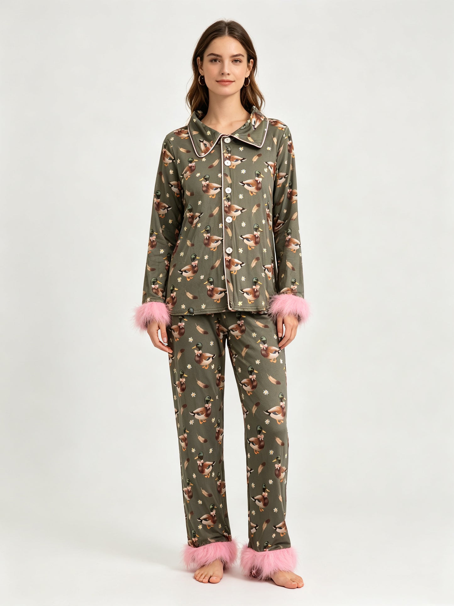 (Sample) No moq milk silk GLP3628 Adult Women Ducks Flowers Button Top Pant Fur Sleeves Pajamas Set Fall Outfit